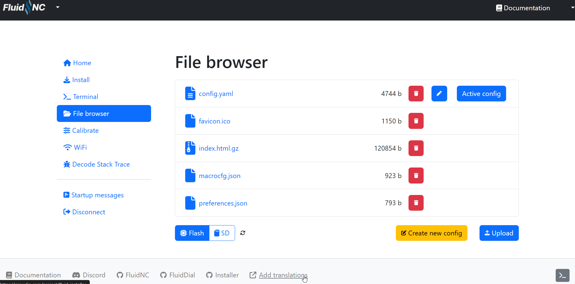 FluidNC file browser showing the uploaded TinyBee configuration and web interface files