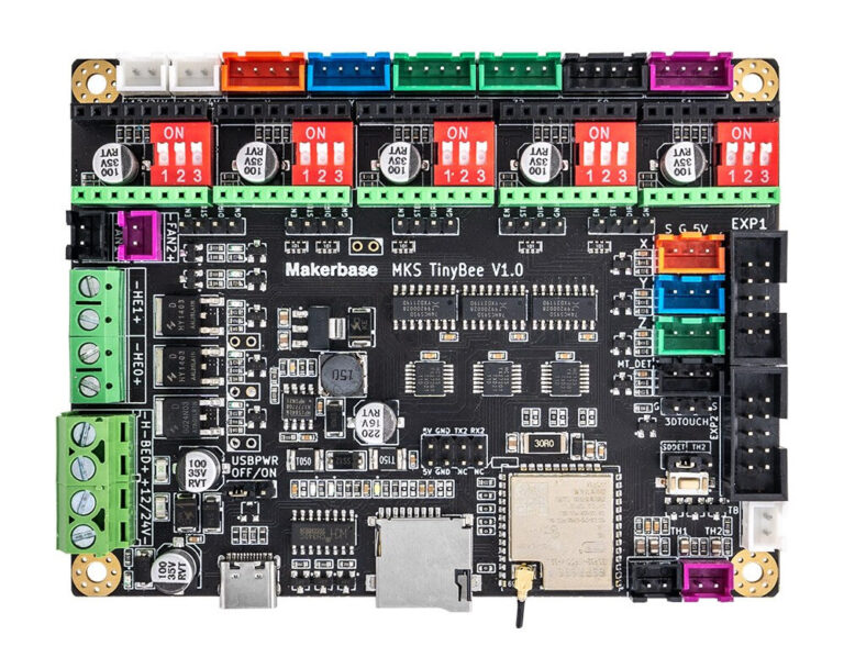 MKS TinyBee V1.0 controller showing removable driver sockets, motor connections and expansion headers